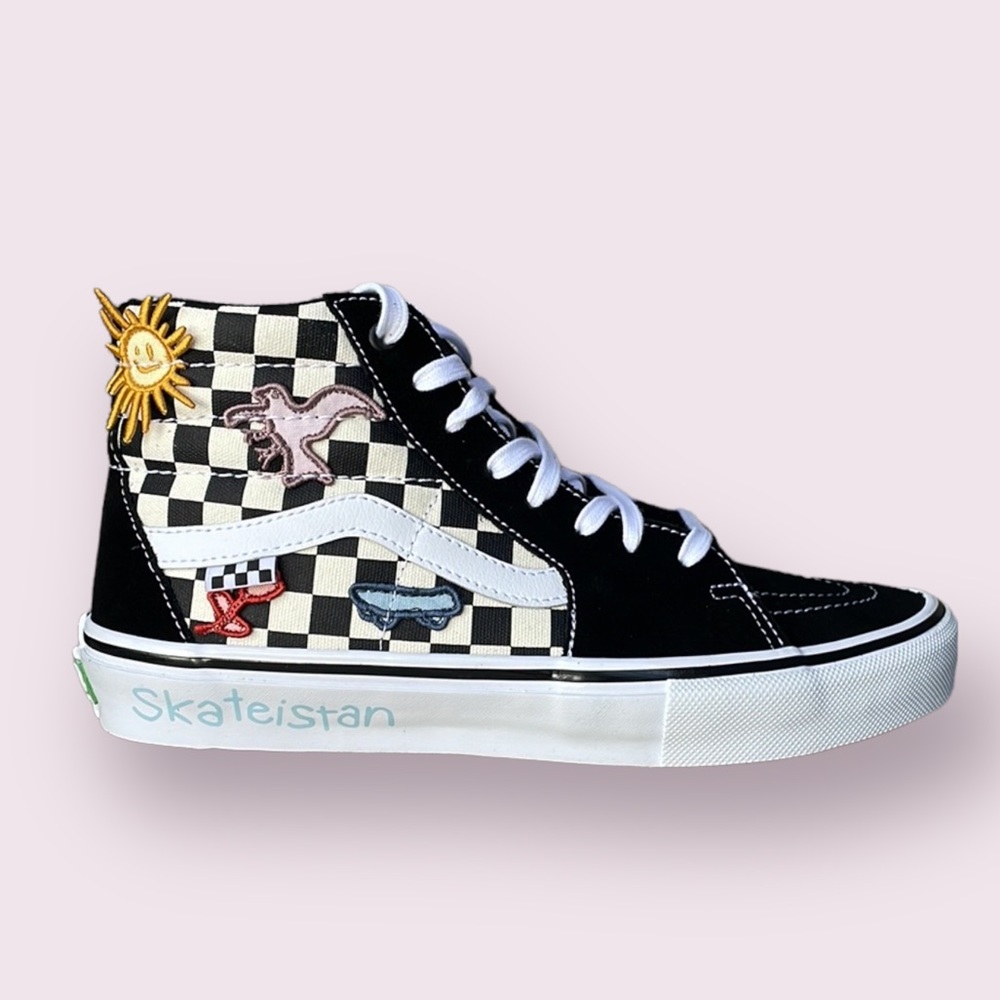 NWT Vans Skate Sk8 Hi Men's Size 9 Checkered Black White Sun Canvas Suede